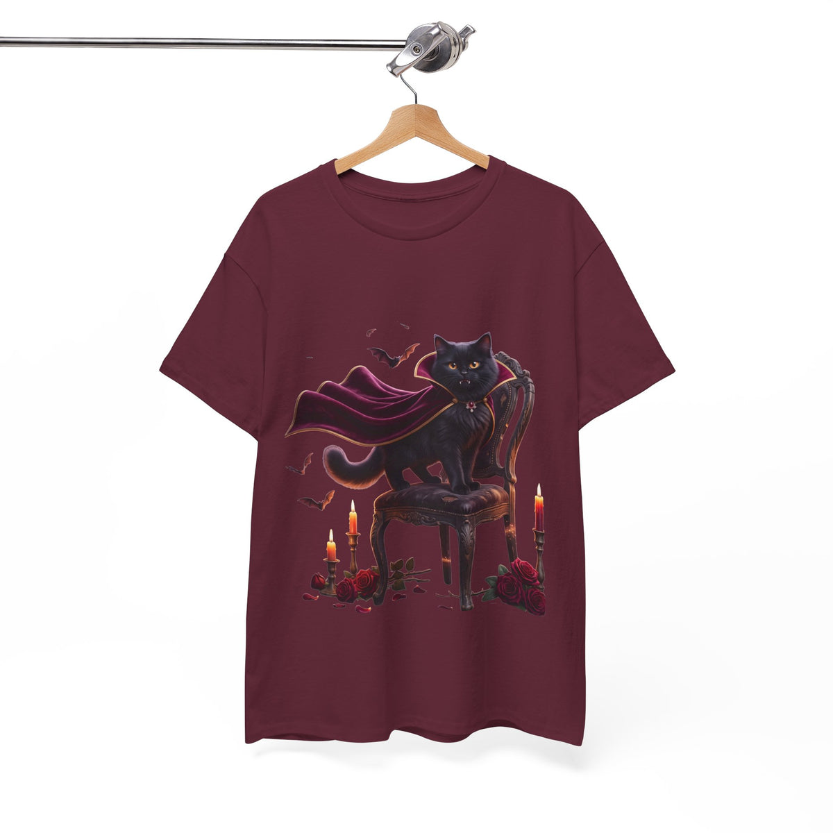 Vampire Cat Tee — Gothic Black Cat with Cape & Candles T-Shirt