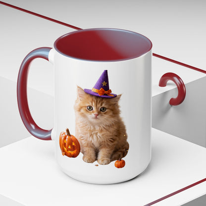 Halloween Cat Coffee Mug with Witch Hat and Pumpkin