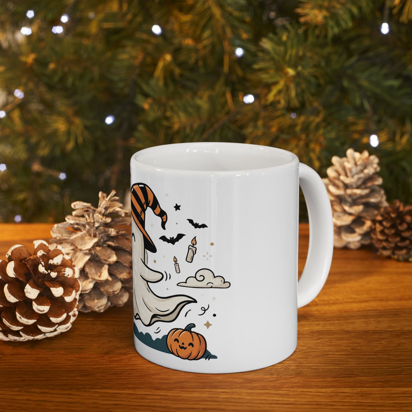 Halloween Ghost Ceramic Mug — Cute Ghost with Witch Hat, Pumpkins & Cats (11oz/15oz)