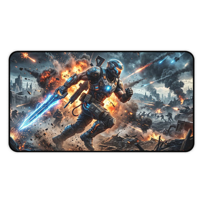 Futuristic Soldier Gaming Desk Mat — Sci‑Fi Battle Scene Mouse Pad