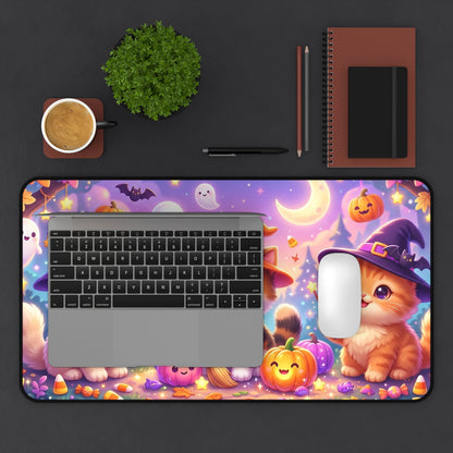 Halloween Kittens Desk Mat — Cute Witch Cat Pumpkins Gaming Mouse Pad
