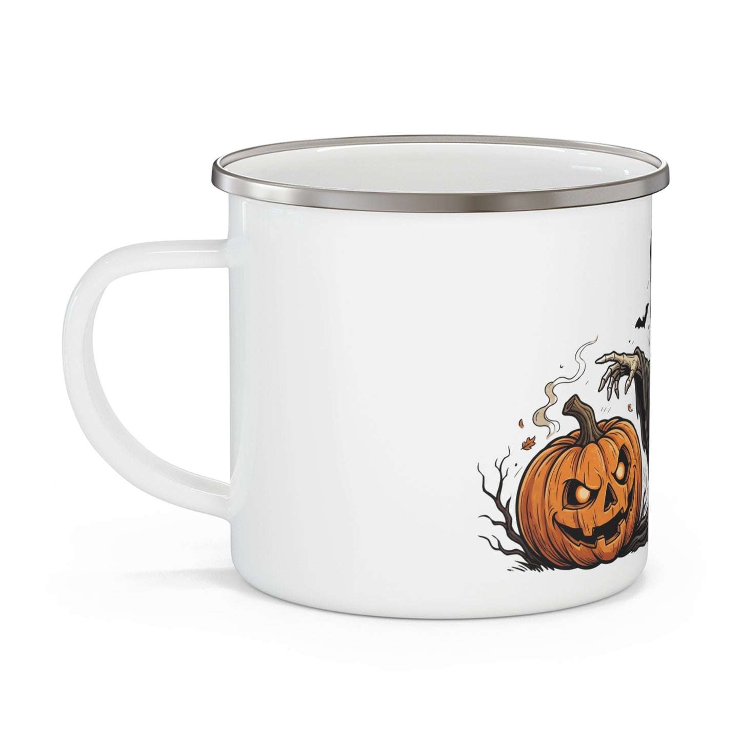 Halloween Grim Reaper Enamel Camping Mug – Spooky Pumpkin Skull Design