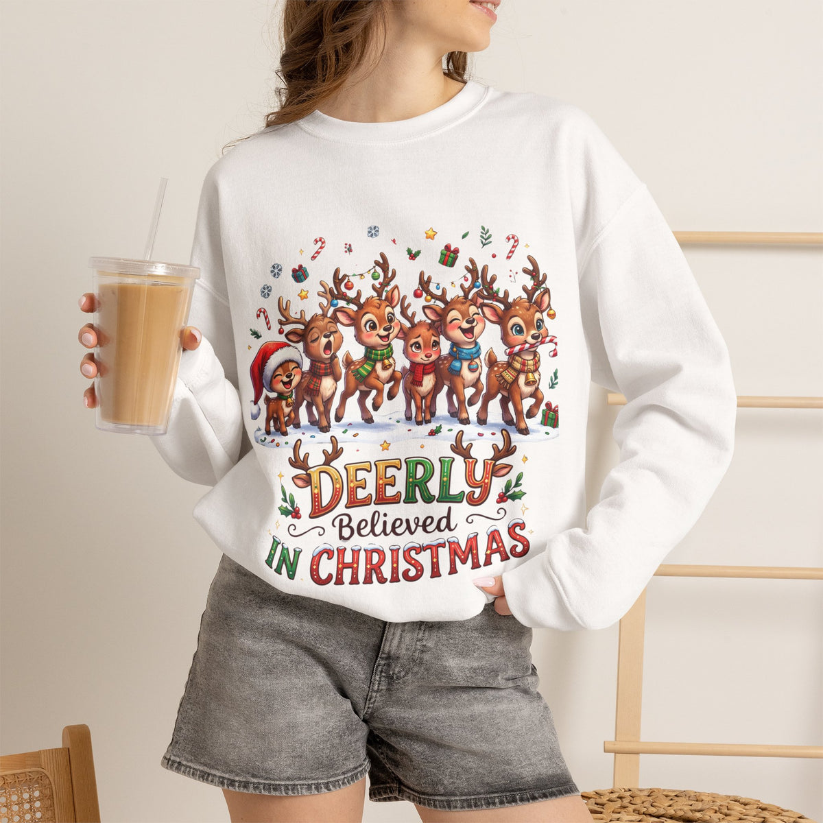 Christmas Reindeer Crewneck Sweatshirt — "Deerly Believed in Christmas" Holiday Pullover
