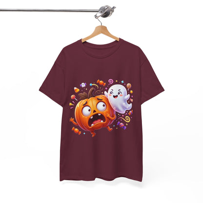 Cute Halloween Pumpkin & Ghost Tee — Scared Pumpkin Candy Graphic T-Shirt