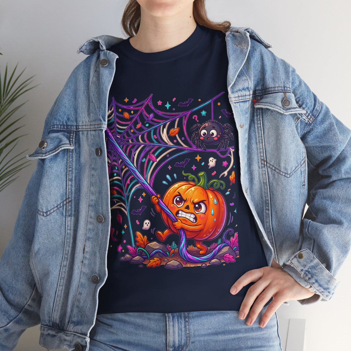 Pumpkin Spider Web Halloween T‑Shirt — Cute Spooky Pumpkin Cartoon Tee