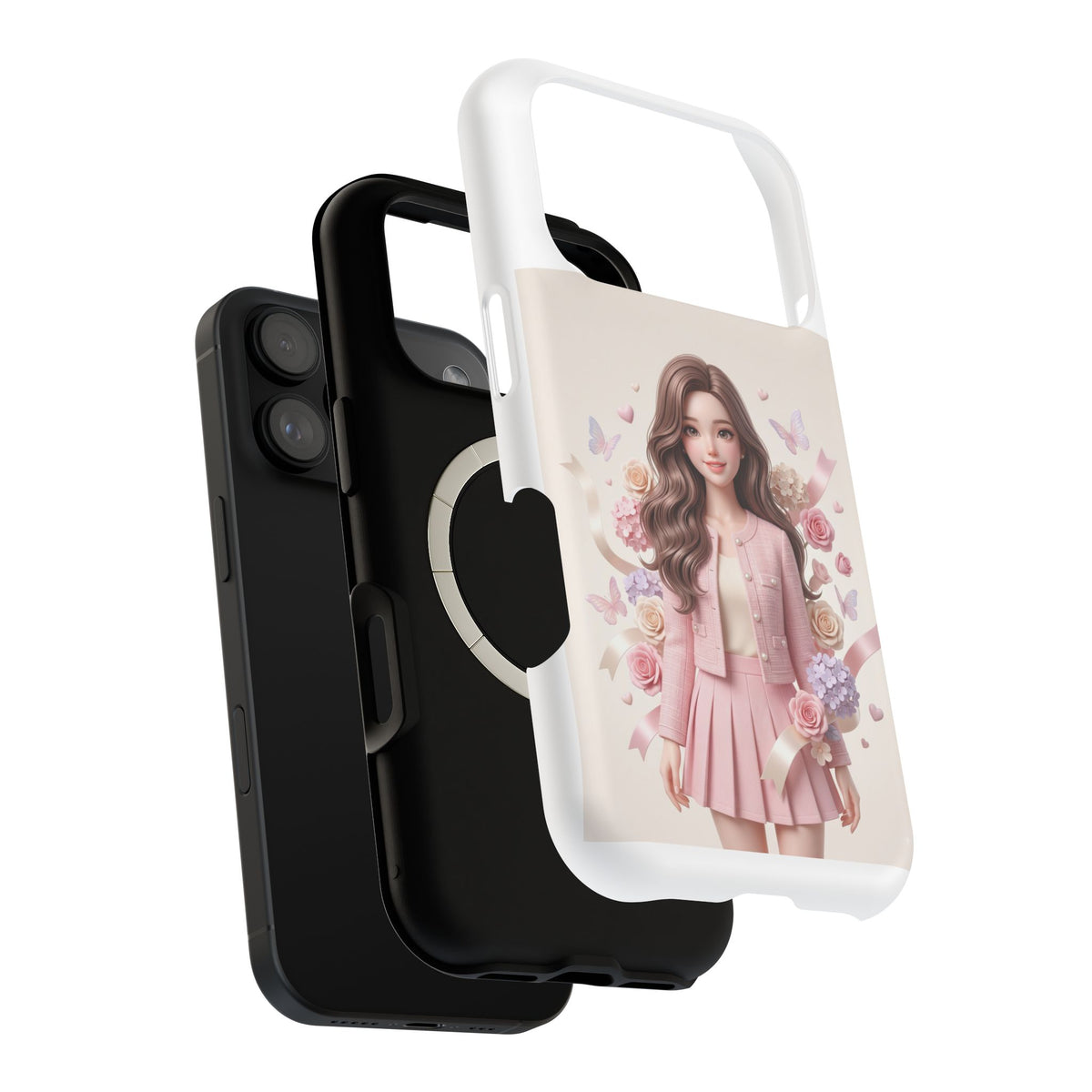 Cute Pink Doll Phone Case — Floral Butterfly Magnetic Impact-Resistant Case