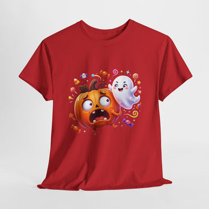 Cute Halloween Pumpkin & Ghost Tee — Scared Pumpkin Candy Graphic T-Shirt