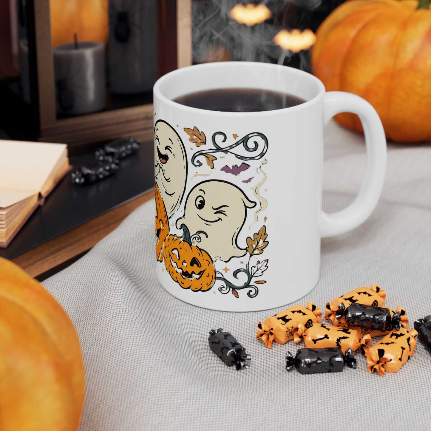 Halloween Pumpkin & Ghost Ceramic Mug — Cute Spooky Fall Coffee Cup (11oz/15oz)