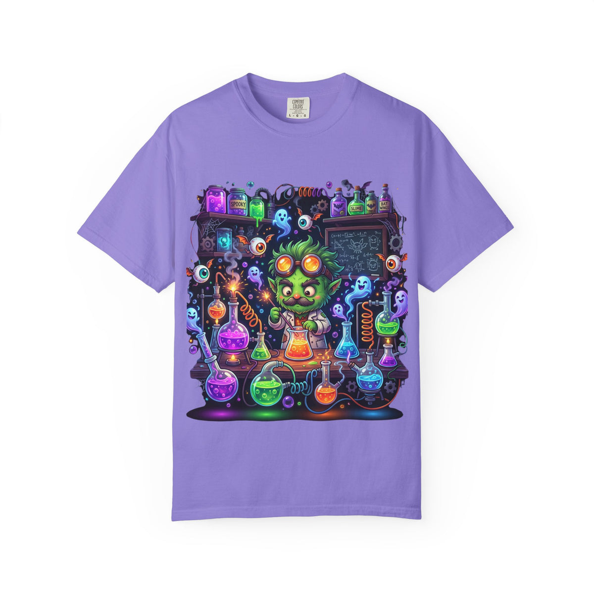 Mad Scientist Cat Lab T-Shirt — Neon Potion Halloween Tee