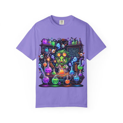 Mad Scientist Cat Lab T-Shirt — Neon Potion Halloween Tee