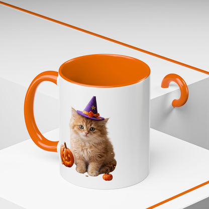 Halloween Cat Coffee Mug with Witch Hat and Pumpkin