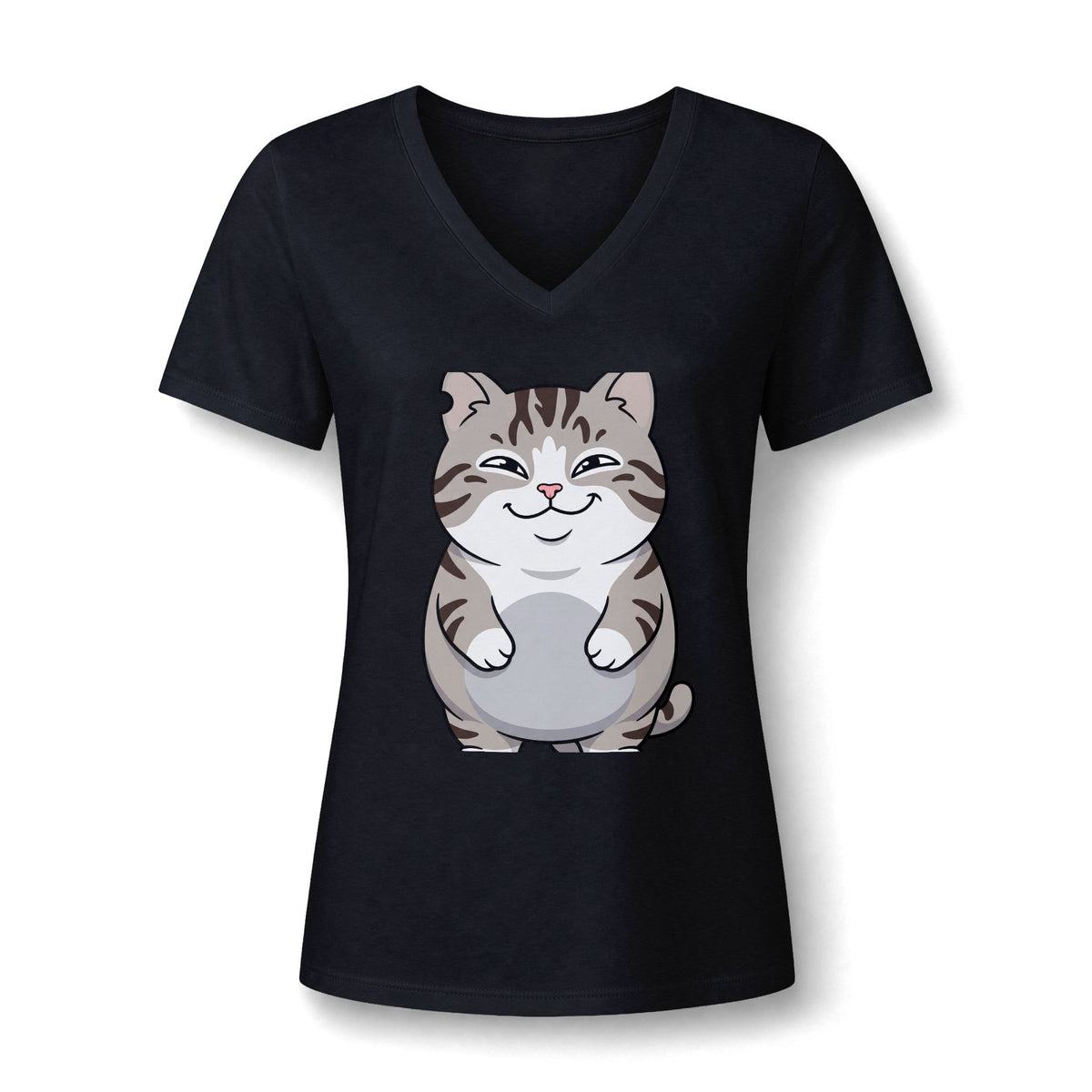 Cute Chubby Cat V-Neck Tee — Women's Cat Lover Shirt