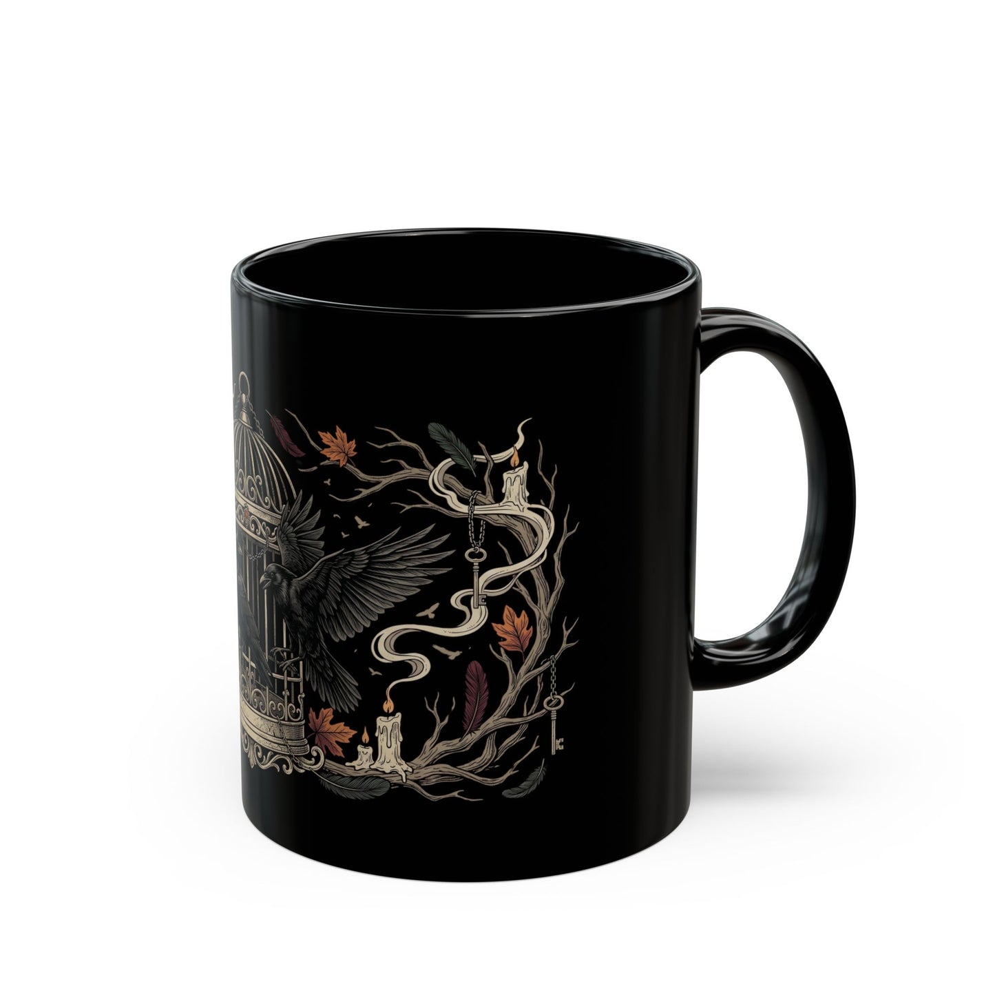 Gothic Raven & Cage Black Coffee Mug — Dark Nature 11oz/15oz