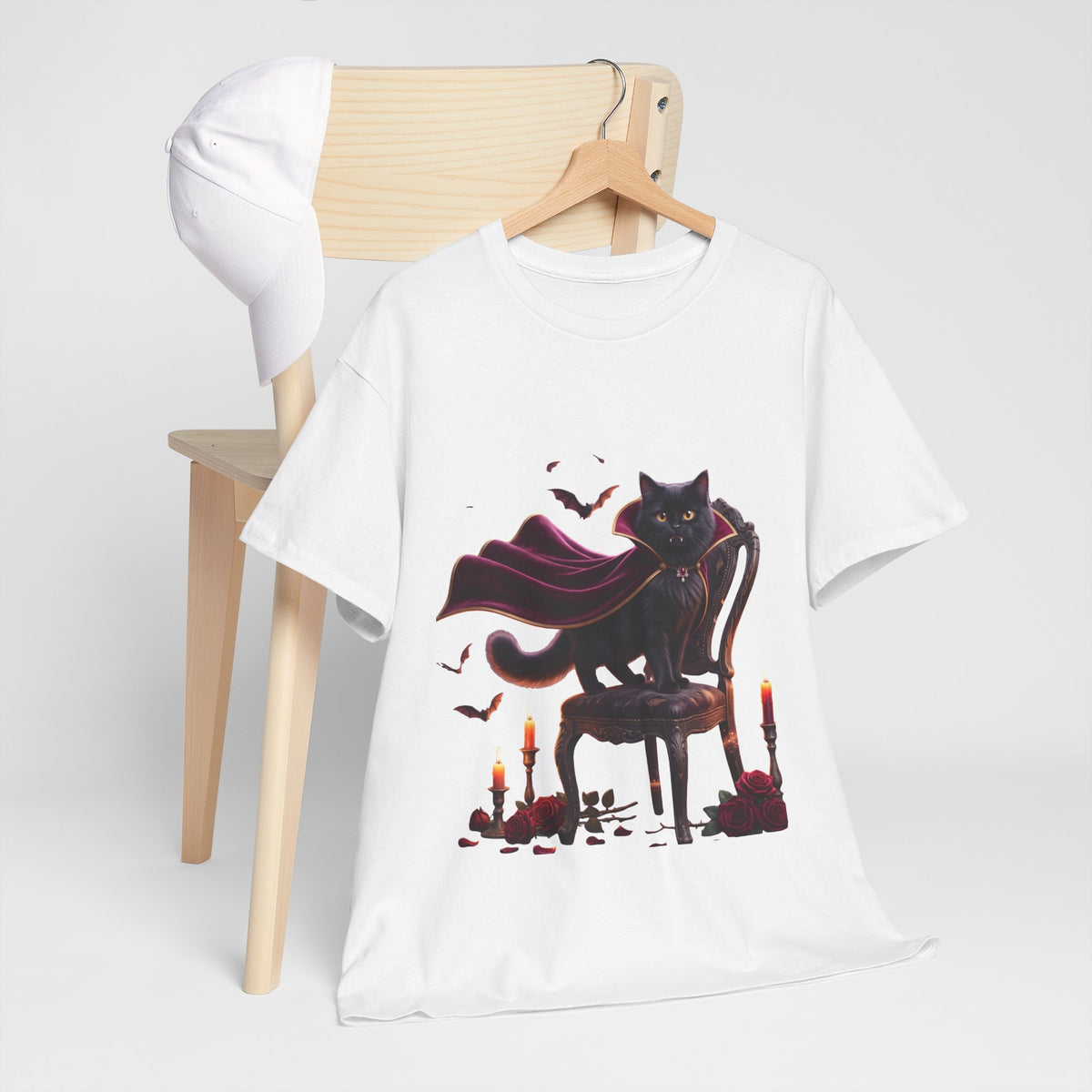 Vampire Cat Tee — Gothic Black Cat with Cape & Candles T-Shirt