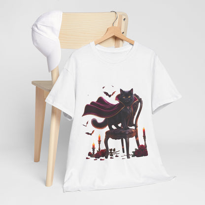 Vampire Cat Tee — Gothic Black Cat with Cape & Candles T-Shirt
