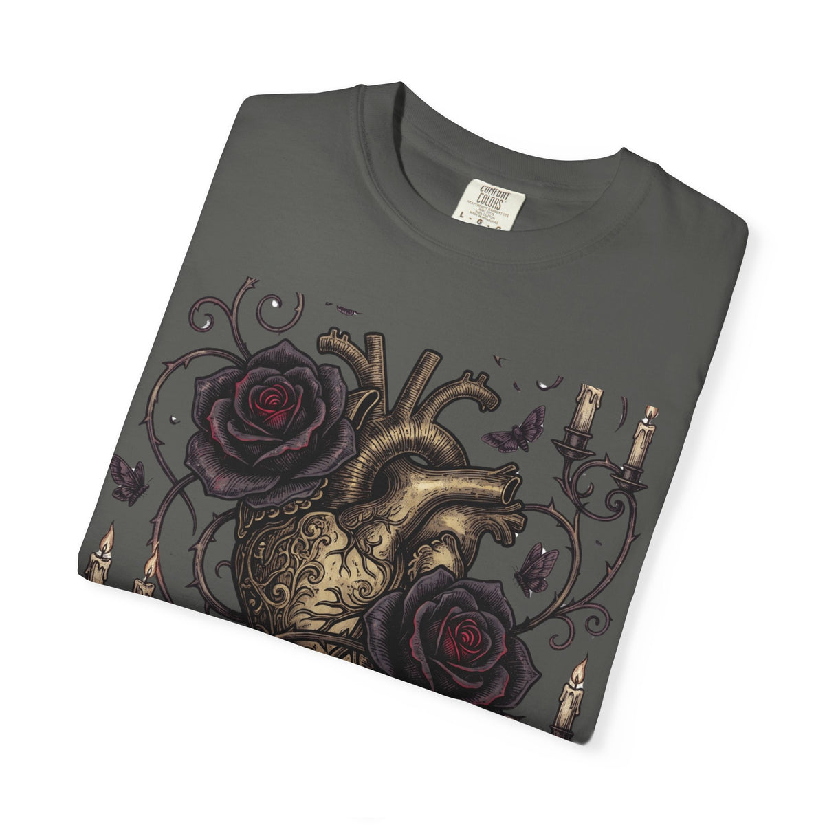 Love Never Dies Heart T-Shirt — Gothic Rose "Forever After Dark" Tee