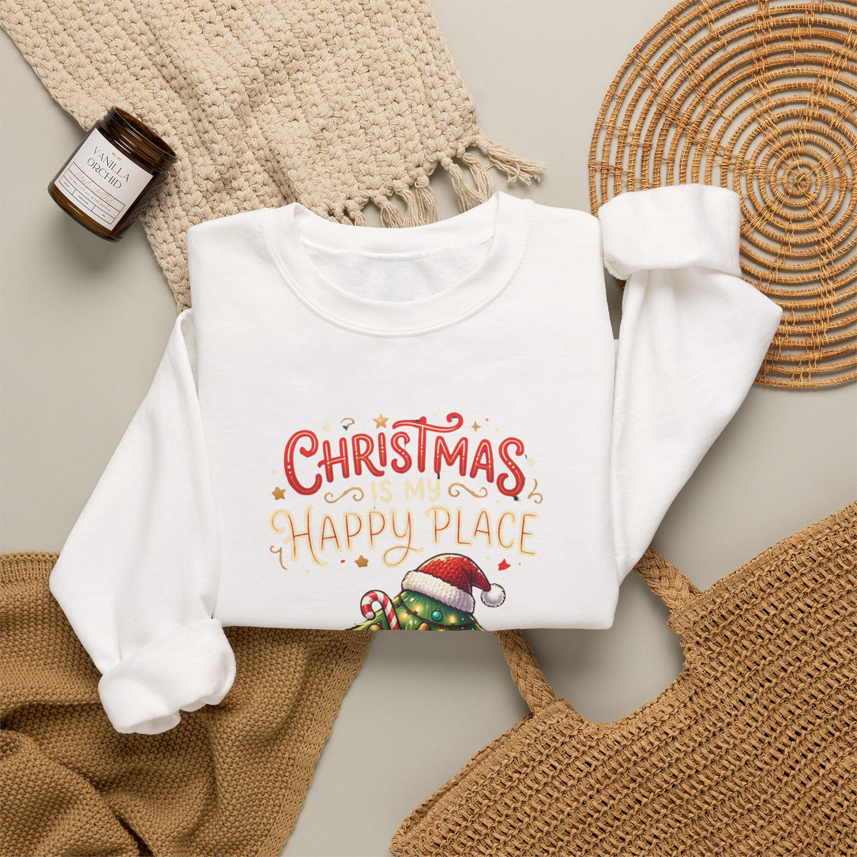 Christmas Happy Place Crewneck Sweatshirt — Cute Kawaii Tree & Gifts Holiday Sweatshirt
