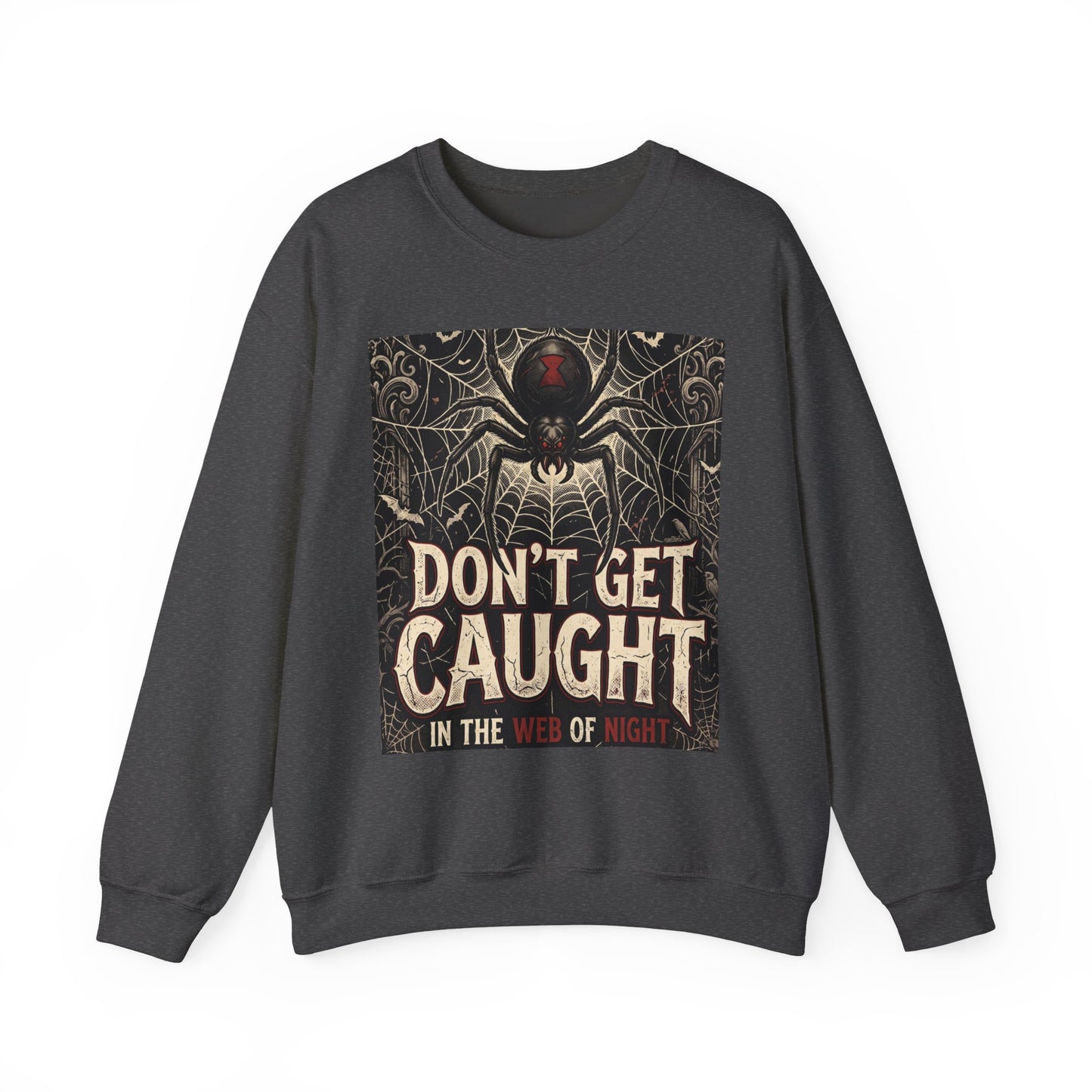 Spider Web Sweatshirt - "Don't Get Caught in the Web of Night" Graphic Crewneck