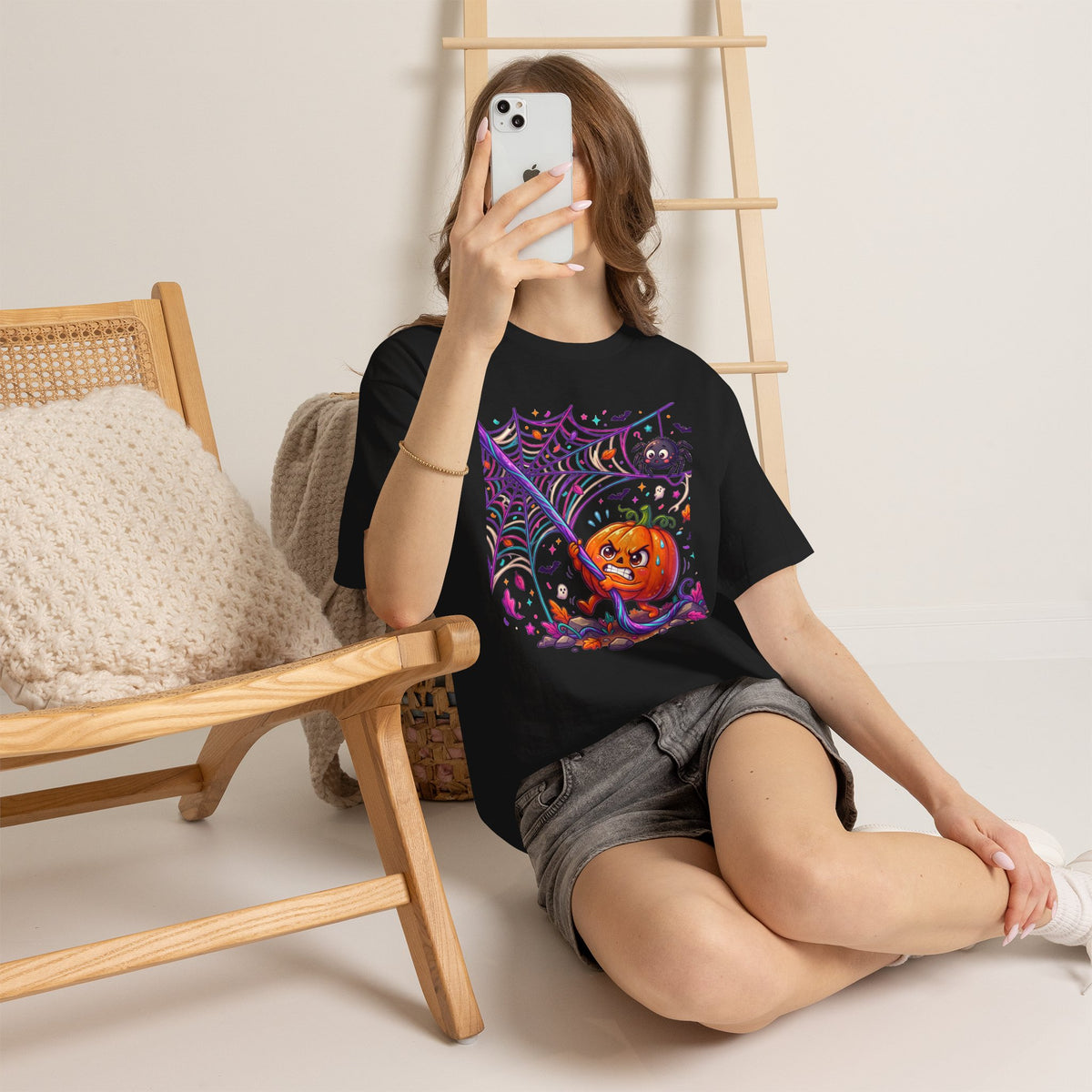 Pumpkin Spider Web Halloween T‑Shirt — Cute Spooky Pumpkin Cartoon Tee