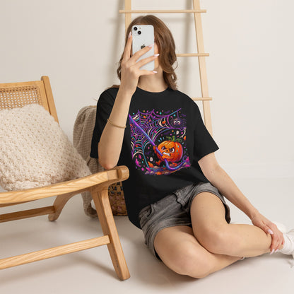 Pumpkin Spider Web Halloween T‑Shirt — Cute Spooky Pumpkin Cartoon Tee