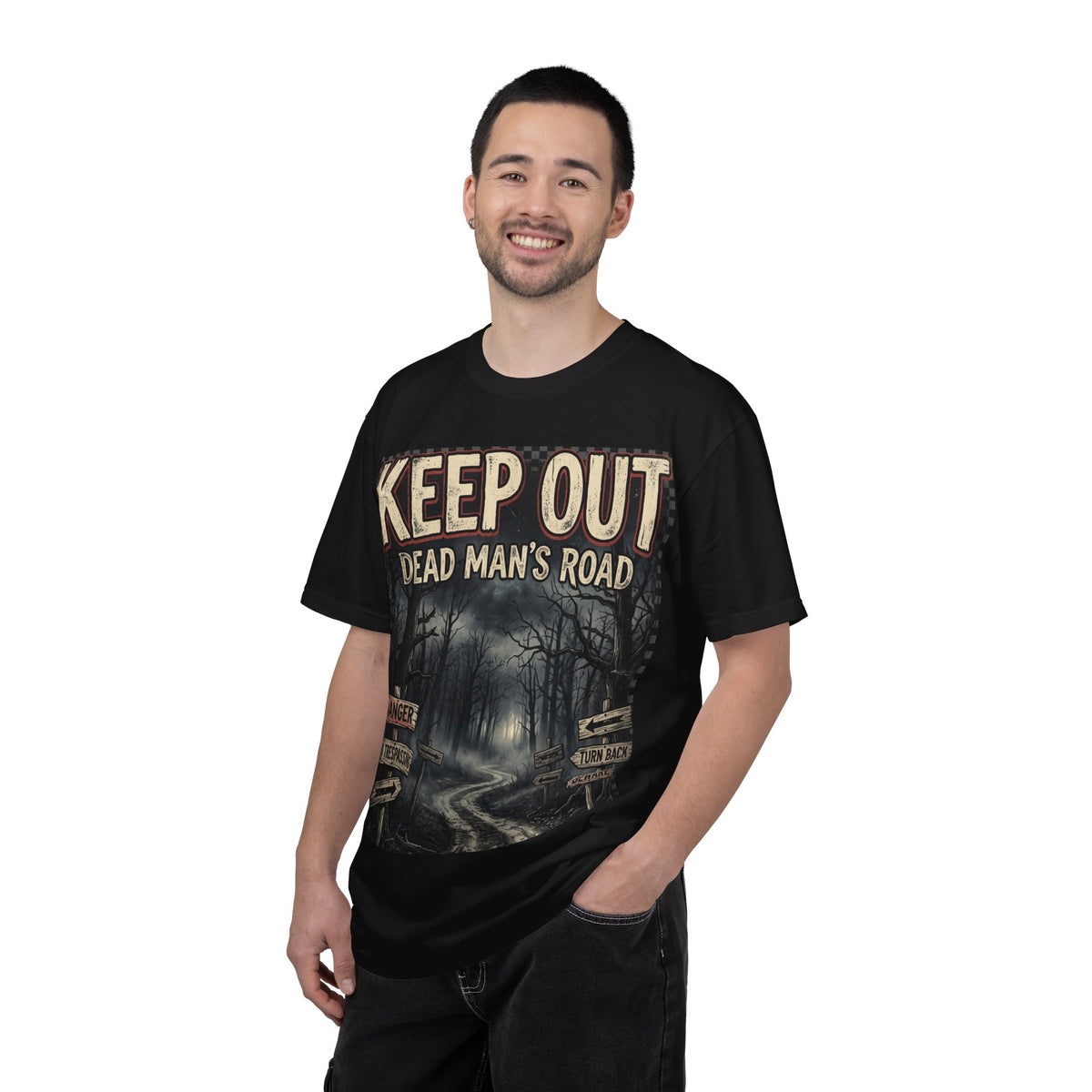 Keep Out "Dead Man's Road" T-Shirt — Spooky Haunted Forest Graphic Tee