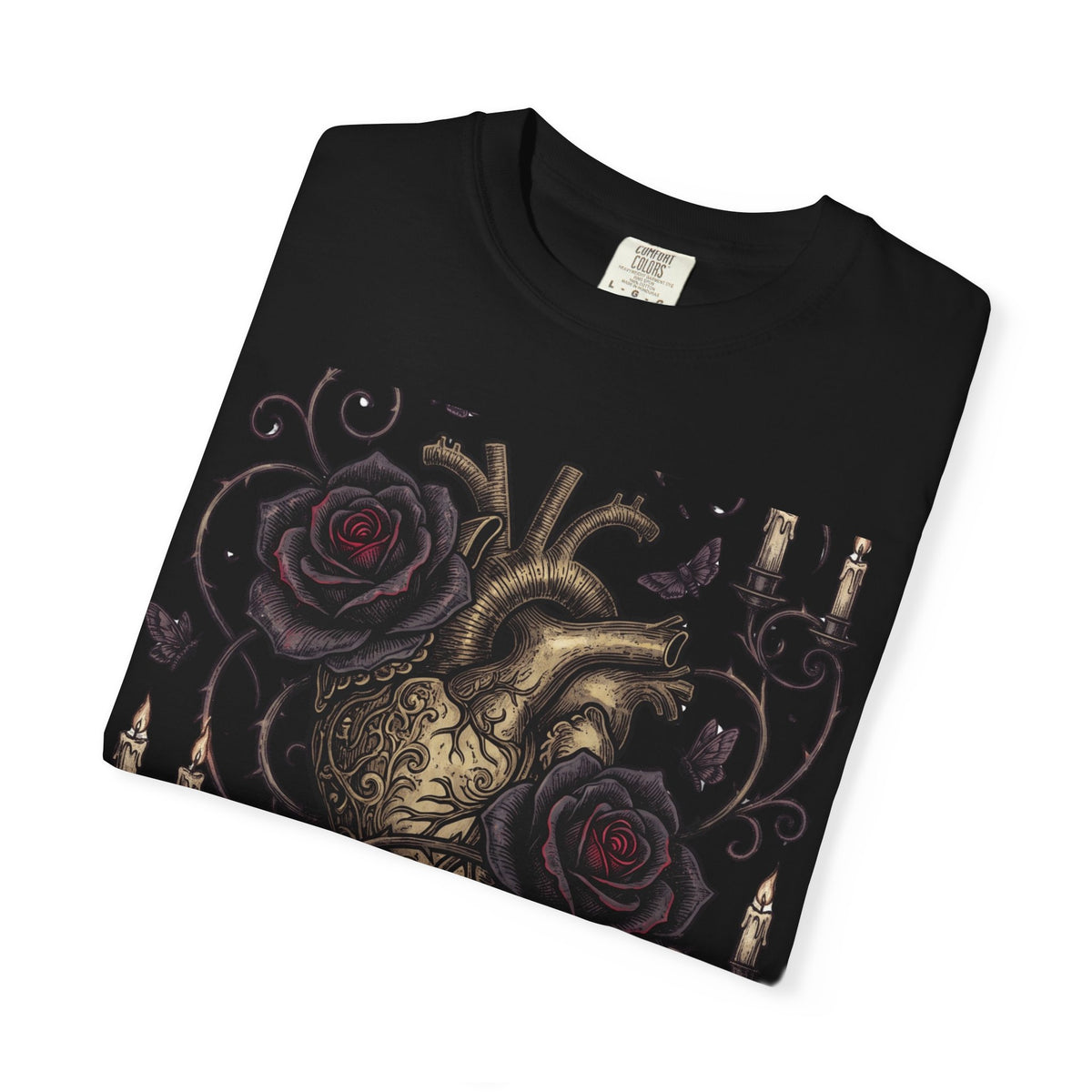 Love Never Dies Heart T-Shirt — Gothic Rose "Forever After Dark" Tee