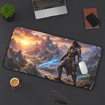Epic Fantasy Warrior Desk Mat — Scenic Sword & Mountain Gaming Mouse Pad