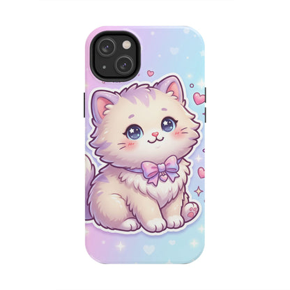 Cute Pastel Kawaii Kitten Tough Phone Case — Cute Cat with Bow Protective Cover