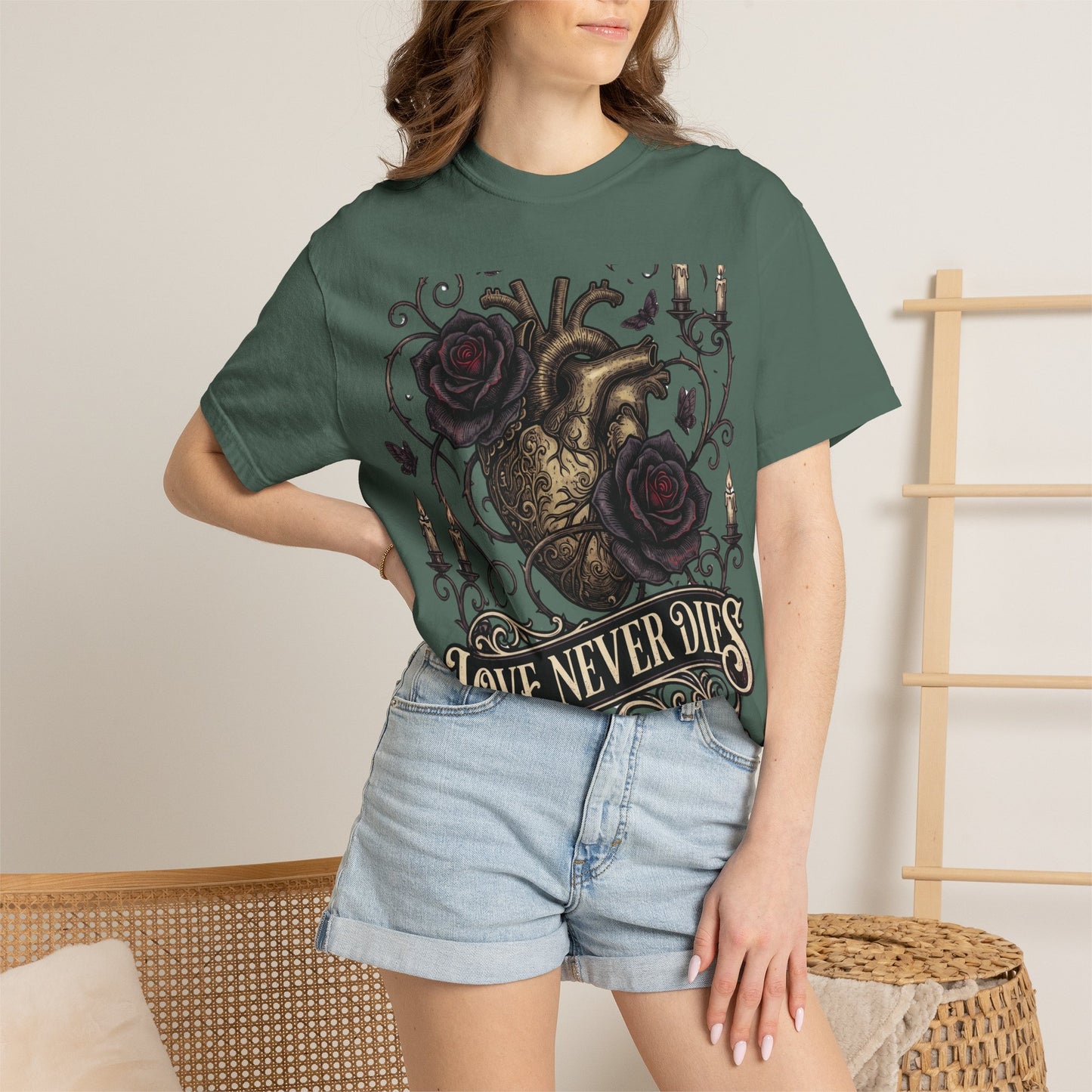 Love Never Dies Heart T-Shirt — Gothic Rose "Forever After Dark" Tee