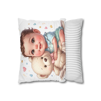 Baby & Teddy Square Pillowcase - Cute Infant Nursery Decorative Throw Pillow