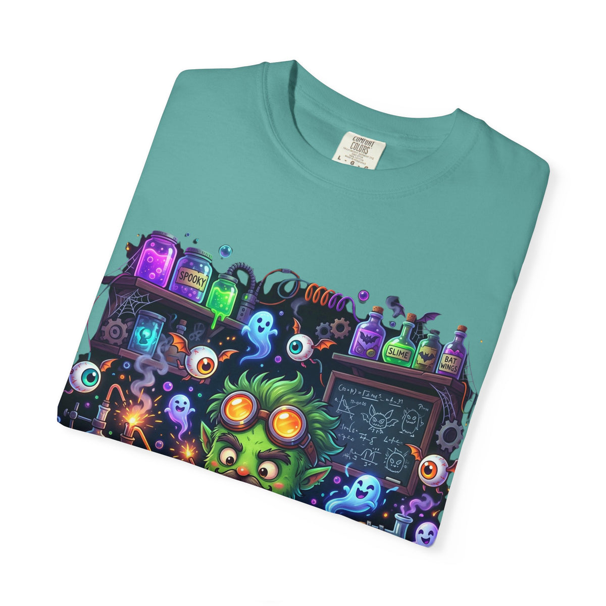 Mad Scientist Cat Lab T-Shirt — Neon Potion Halloween Tee