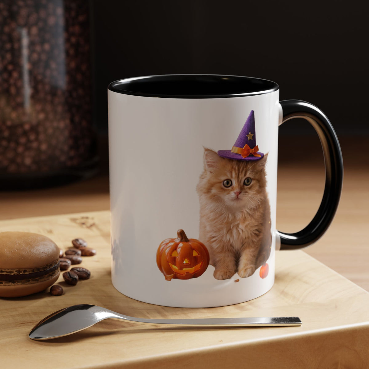 Halloween Cat Coffee Mug with Witch Hat and Pumpkin