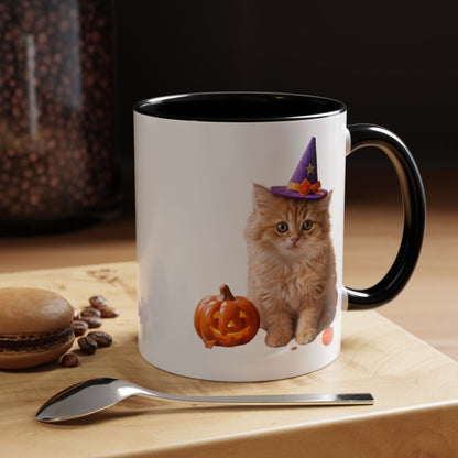 Halloween Cat Coffee Mug with Witch Hat and Pumpkin