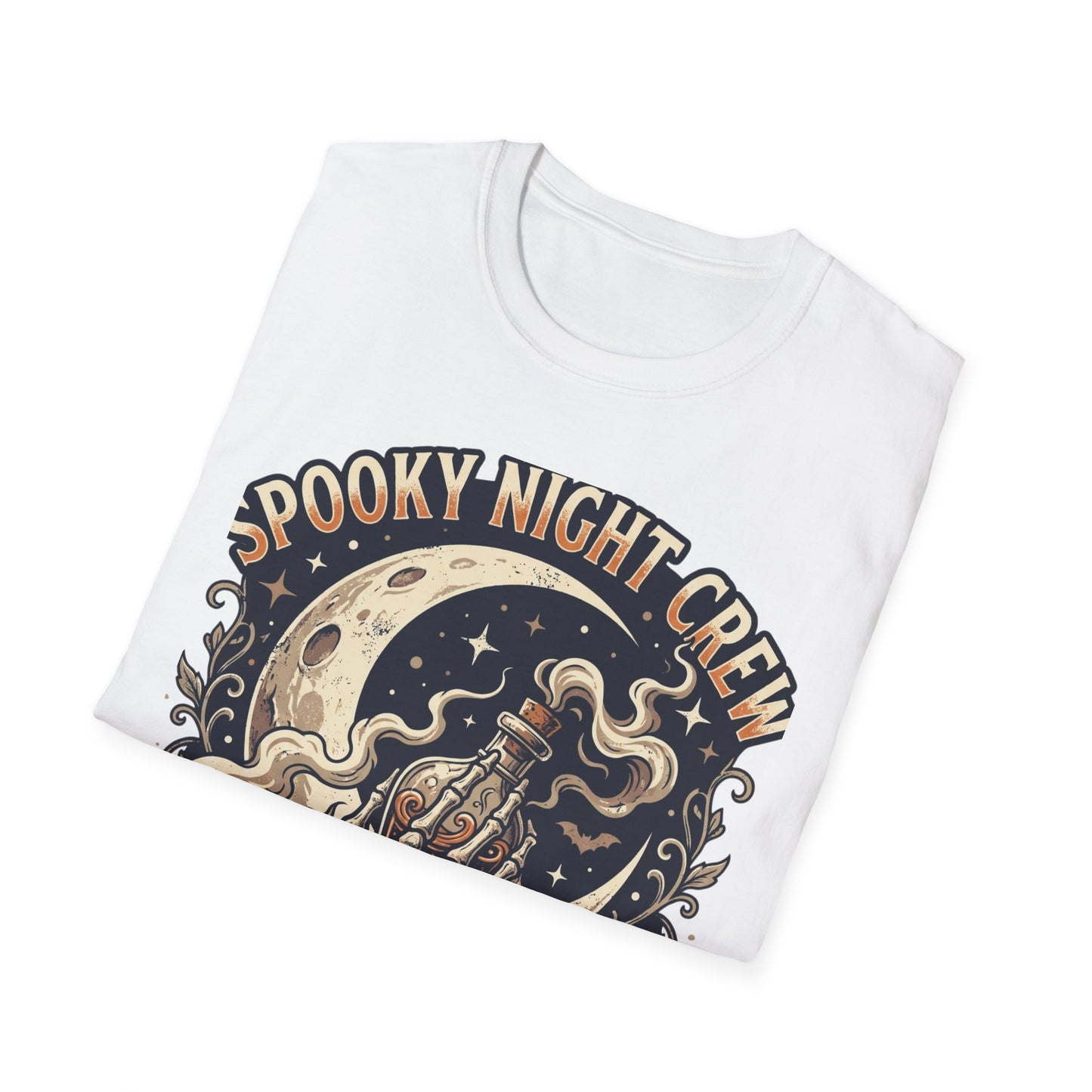 Spooky Night Crew T-Shirt — Vintage Halloween Moon & Skeleton Graphic