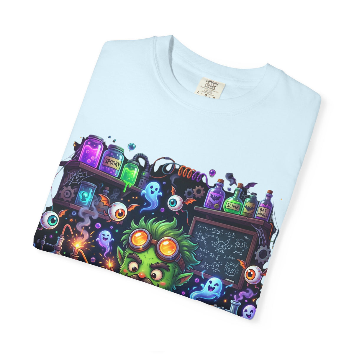 Mad Scientist Cat Lab T-Shirt — Neon Potion Halloween Tee