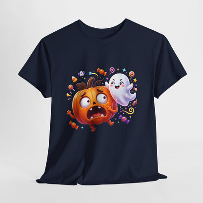 Cute Halloween Pumpkin & Ghost Tee — Scared Pumpkin Candy Graphic T-Shirt