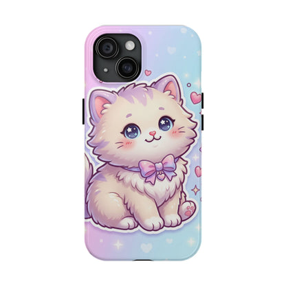 Cute Pastel Kawaii Kitten Tough Phone Case — Cute Cat with Bow Protective Cover