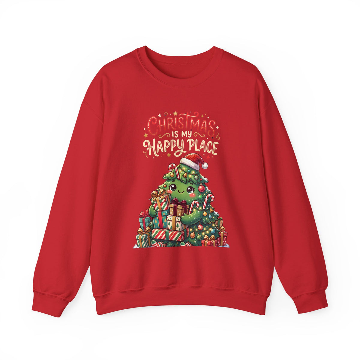 Christmas Happy Place Crewneck Sweatshirt — Cute Kawaii Tree & Gifts Holiday Sweatshirt