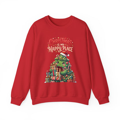 Christmas Happy Place Crewneck Sweatshirt — Cute Kawaii Tree & Gifts Holiday Sweatshirt