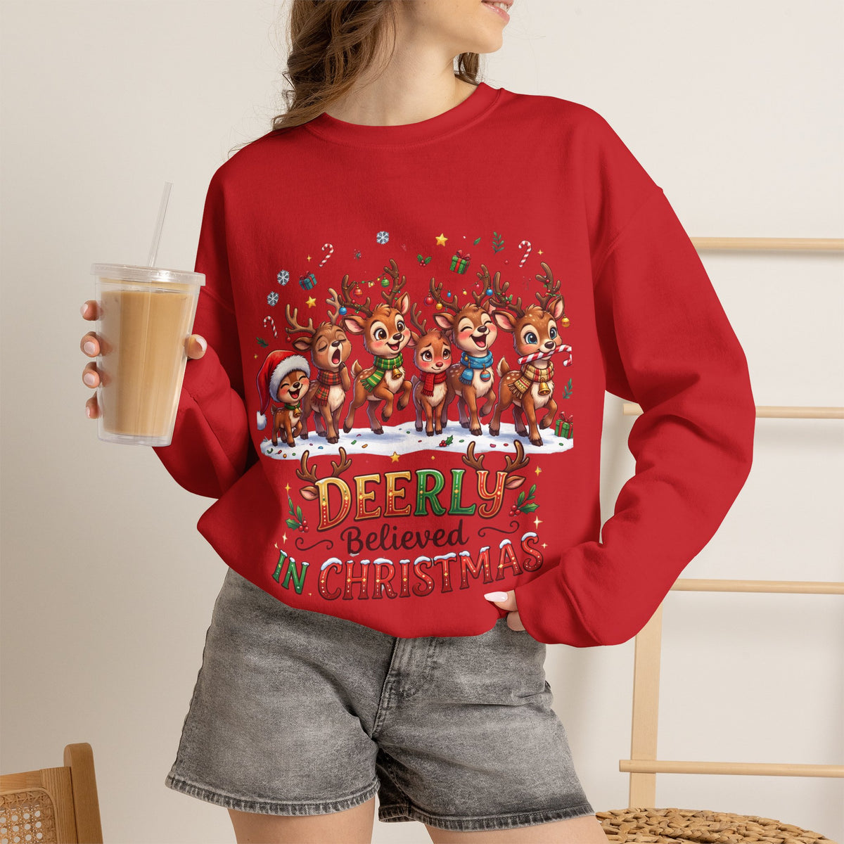 Christmas Reindeer Crewneck Sweatshirt — "Deerly Believed in Christmas" Holiday Pullover