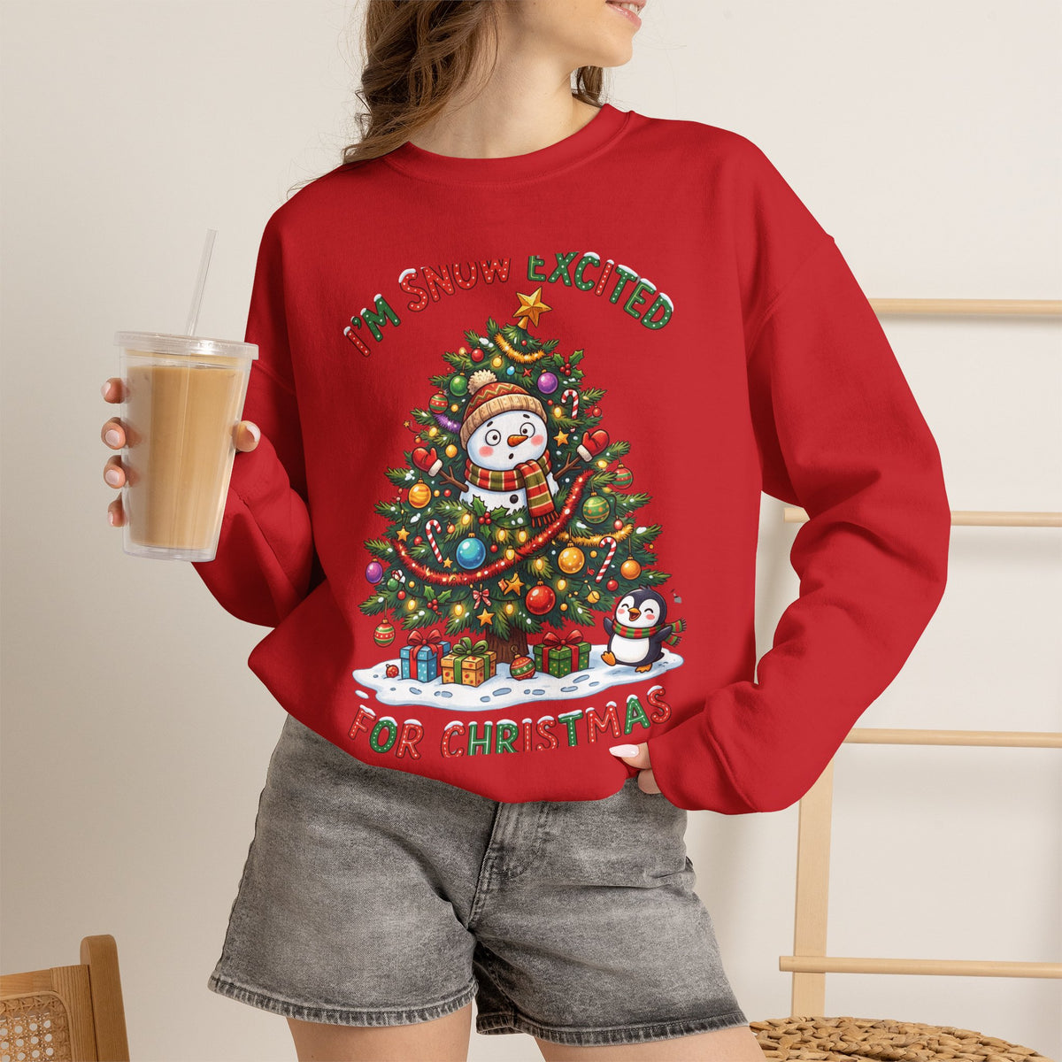 Christmas Sweatshirt – "I’m Snow Excited for Christmas" Cute Snowman Tree Holiday Crewneck