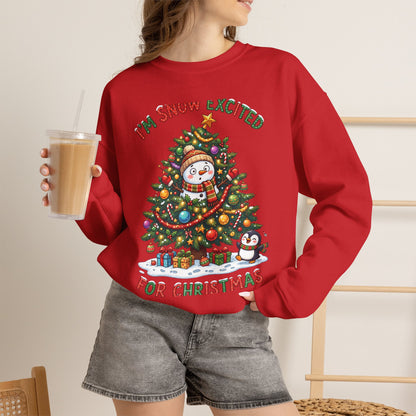 Christmas Sweatshirt – "I’m Snow Excited for Christmas" Cute Snowman Tree Holiday Crewneck