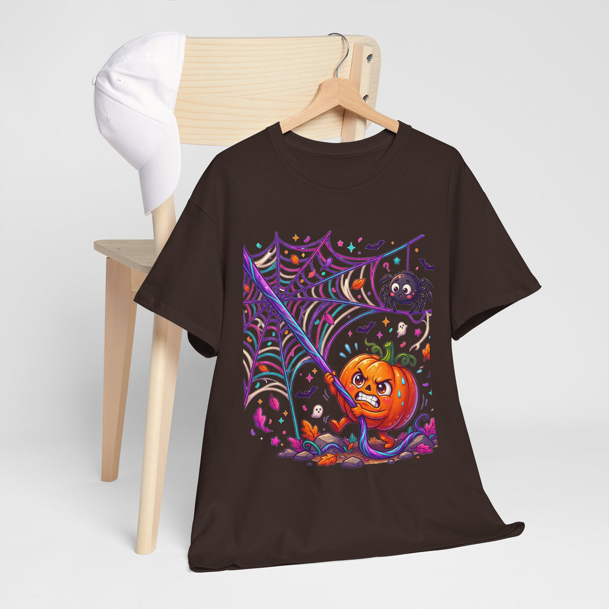 Pumpkin Spider Web Halloween T‑Shirt — Cute Spooky Pumpkin Cartoon Tee