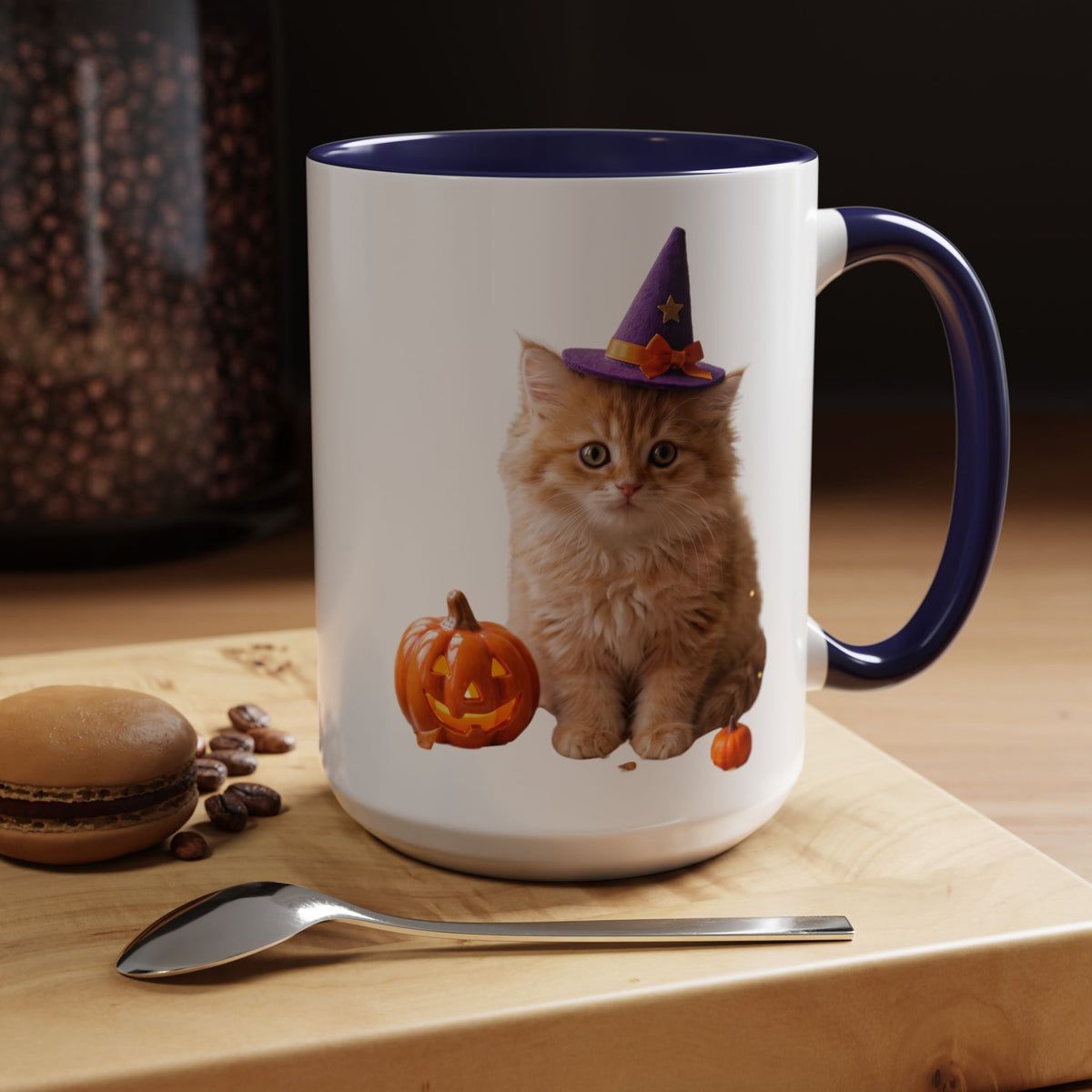 Halloween Cat Coffee Mug with Witch Hat and Pumpkin