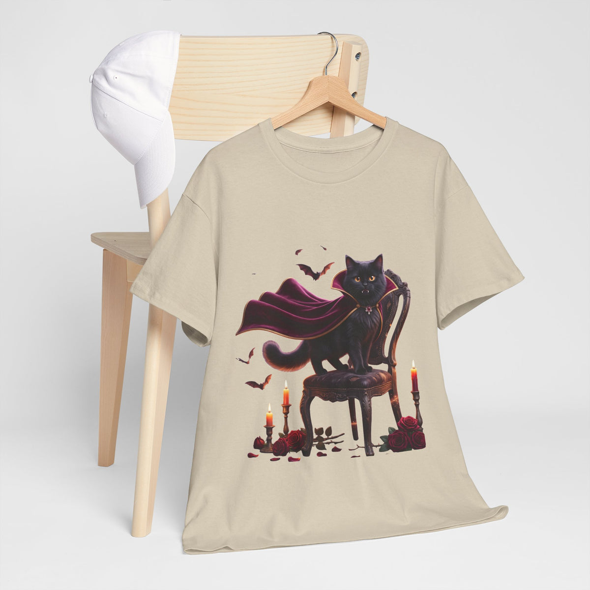 Vampire Cat Tee — Gothic Black Cat with Cape & Candles T-Shirt