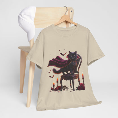 Vampire Cat Tee — Gothic Black Cat with Cape & Candles T-Shirt