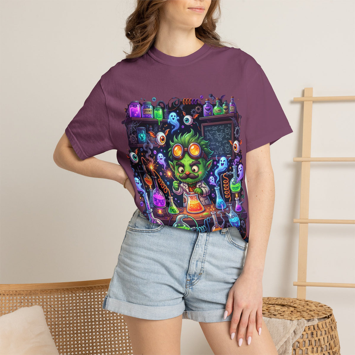 Mad Scientist Cat Lab T-Shirt — Neon Potion Halloween Tee