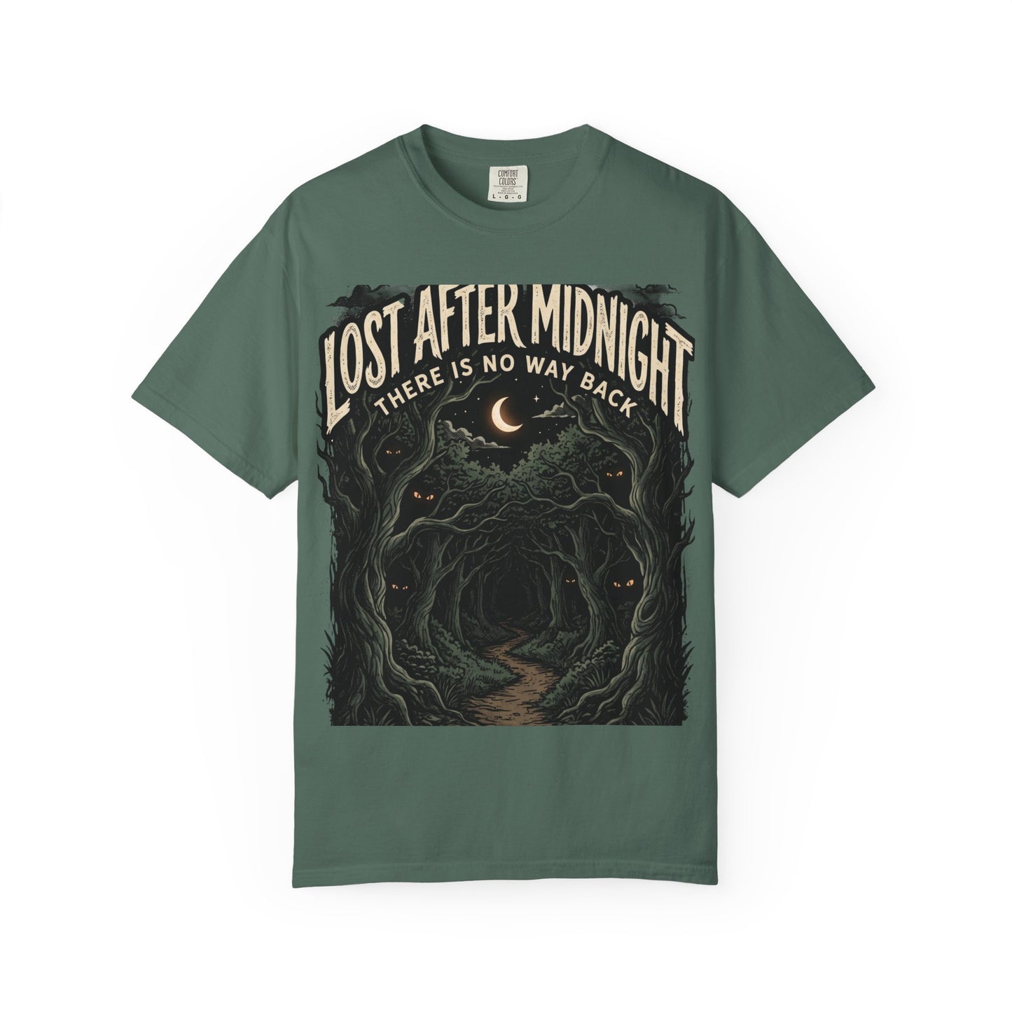 Lost After Midnight T-Shirt — 'There Is No Way Back' Moonlit Forest Tee