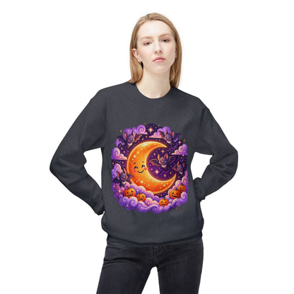 Halloween Moon Crewneck Sweatshirt — Cute Smiling Moon, Pumpkins & Bats Pullover