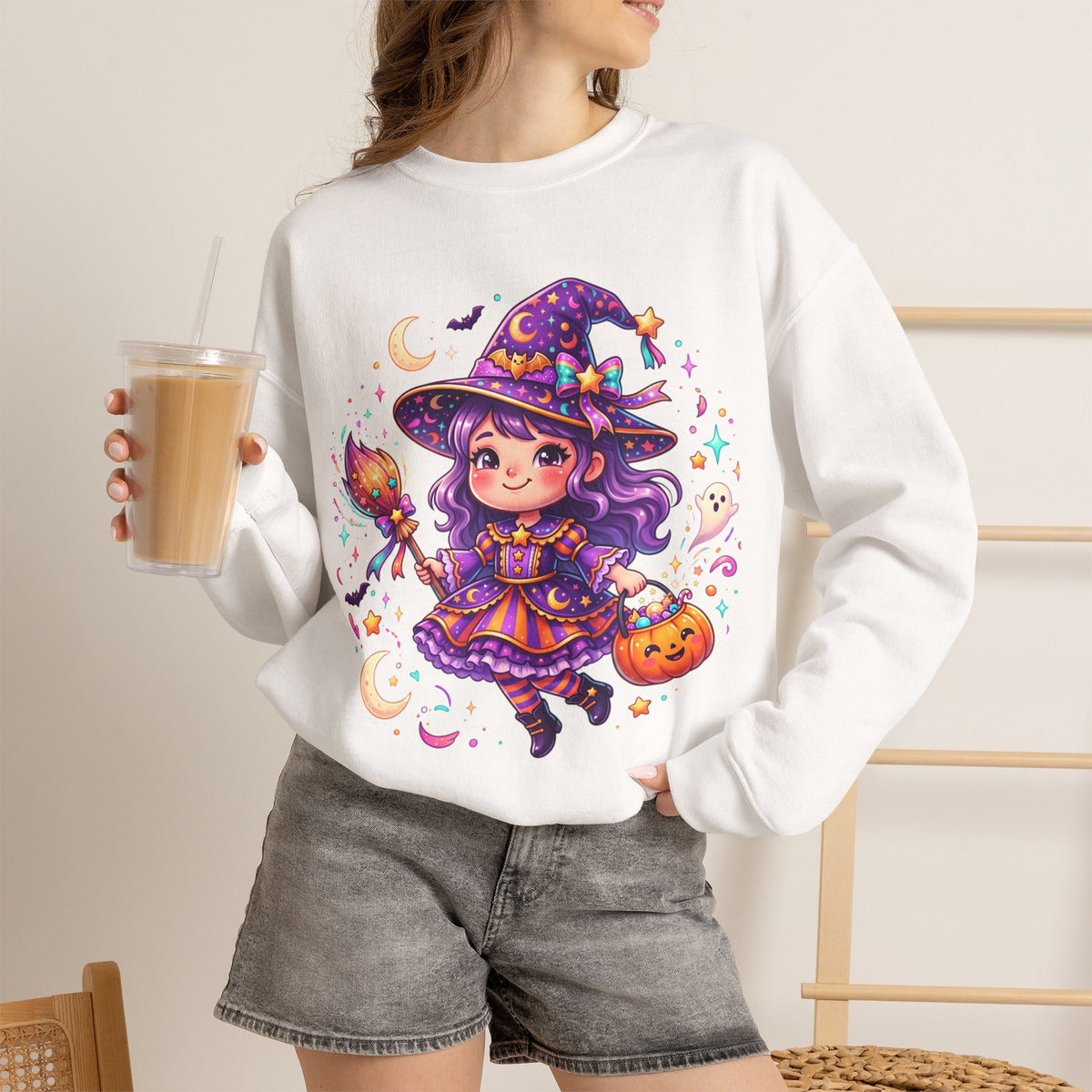 Cute Halloween Witch Sweatshirt — Kawaii Pumpkin Magic Crewneck